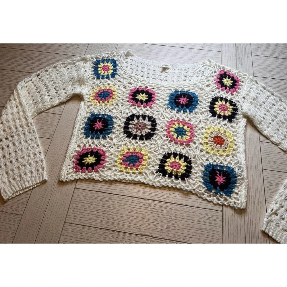 NWOT Debut Women's Open Crochet Colorful Floral Long‎ Sleeve Crop Sweater, Sz M